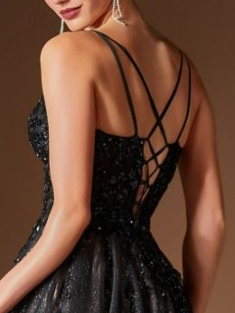 Ladivine Champagne Sleeveless Line Sparkling Prom Floral Motif Gown Evening - Picture 6 of 10